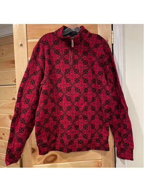 Lands' End Men's Red and Black Patterned Cotton Quarter-Zip Jacket Size L
